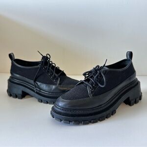 SCHUTZ Mixed-media loafers, leather and canvas, lug sole